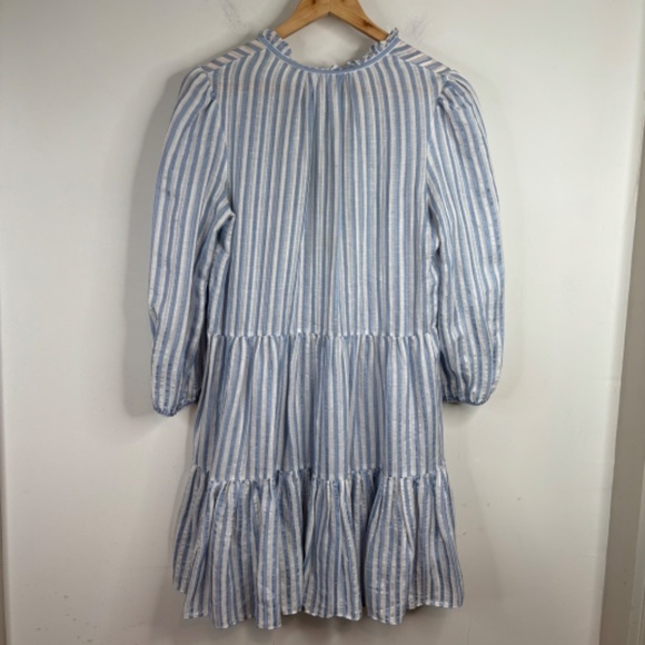 Veronica Beard Hawken Dress 6 Stripe Puff Sleeves Tiered Linen Silk Coastal READ - Picture 6 of 14